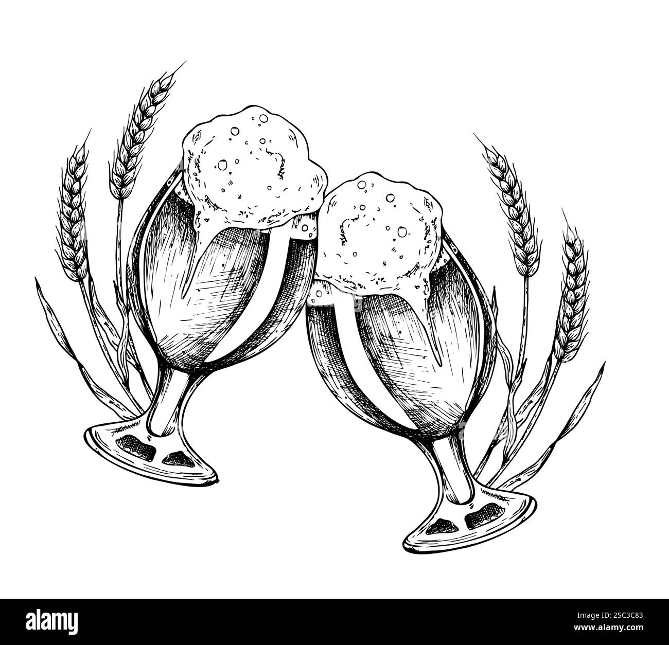 Vektor Glas Bier mit Kappe aus Schaum und Ohren von Weizen. Grafische Illustration von Tintenbier, Öko, Bio-Roggen oder Gerste und Kegel isoliert auf Hintergrund Stock Vektor