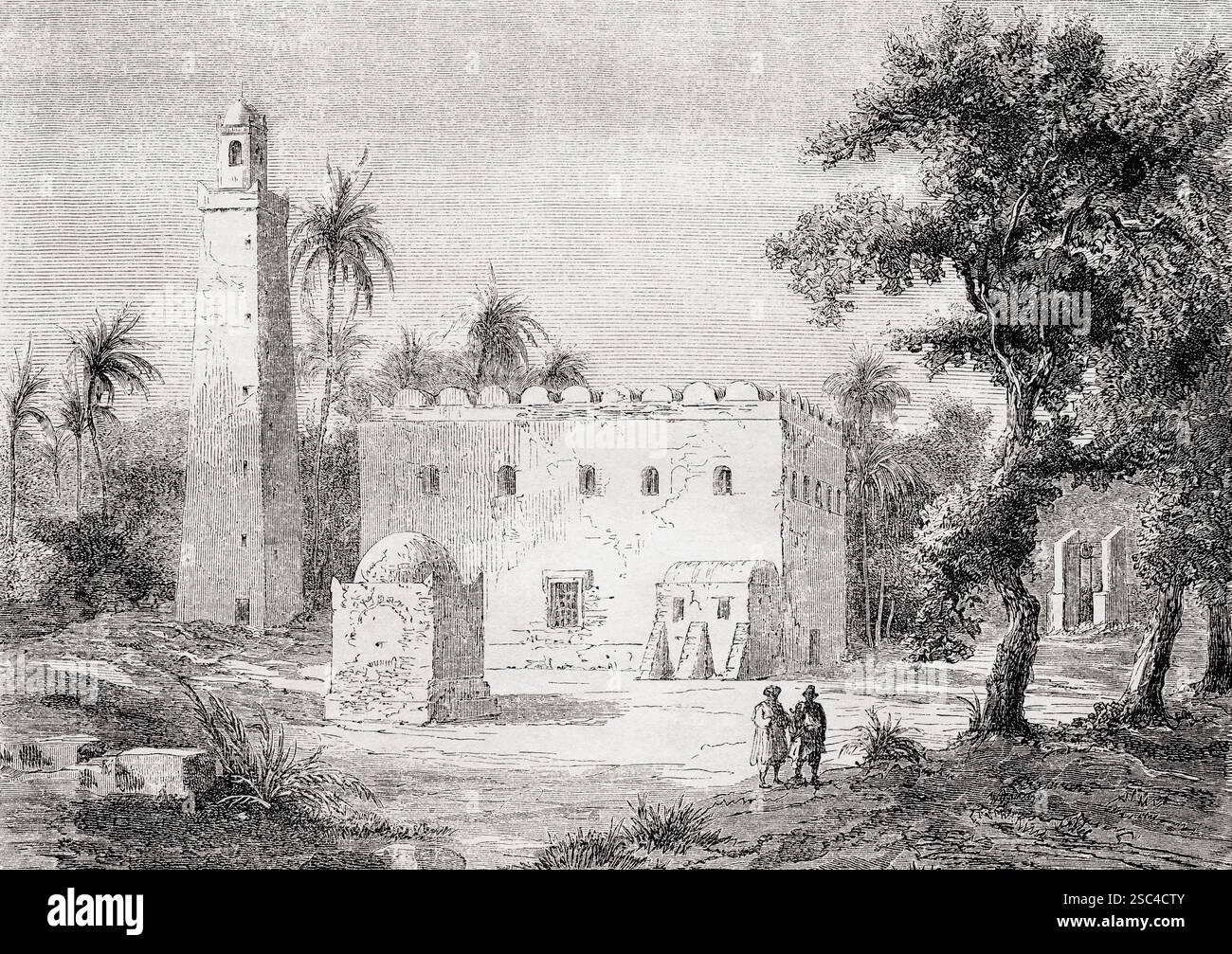 Die Moschee von Tajura, auch Tajoura, Tripolis, 19. Jahrhundert. Von Spaziergängen in Tripolitania, Nordafrika von Alexander, Baron Krafft, alias Hadji, 1835 - 1904. In Le Tour du Monde, veröffentlicht 1861. Stockfoto