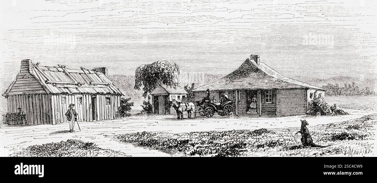 Yering Station, Victoria, Australien, 19. Jahrhundert. Victorias erster Weinberg wurde 1838 in der Yering Station gepflanzt. Von Souvenir d'un squatter Francais en Australie oder Erinnerung an einen französischen Squatter in Australia, 1854–1859, von Hubert de Castella, 1825–1907. Swiss – australischer Schriftsteller, Künstler und Winzer. In Le Tour du Monde, veröffentlicht 1861. Stockfoto