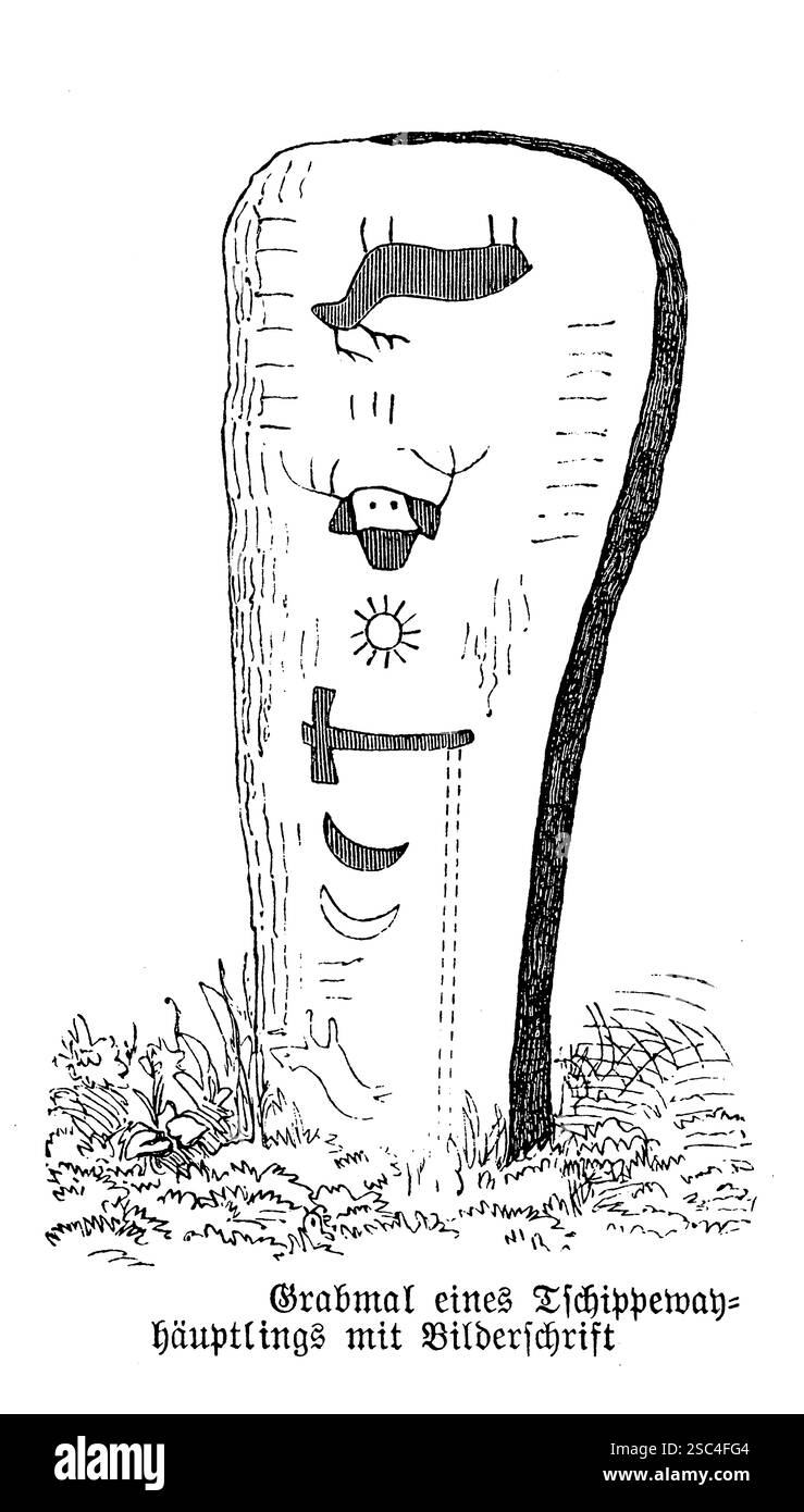 Grabstein eines Chippewa-Häuptlings mit Symbolen. Eine gravierte Darstellung des Grabsteins eines Chippewa-Häuptlings mit symbolischen Inschriften. Dieser historische Marker spiegelt die Geschichte der indigenen Bevölkerung durch heilige Symbole wider und ehrt das Erbe eines Stammesführers. Stockfoto