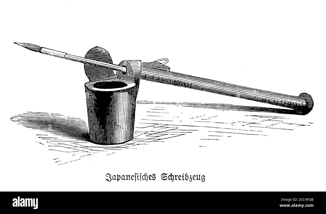 Japanischer Stift und Tinte. Eine delikate Darstellung traditioneller japanischer Stift- und Tintenwerkzeuge, die seit Jahrhunderten in der Kalligraphie und literarischen Kunst verwendet werden. Diese Gravur spiegelt die Eleganz der Pinselarbeiten und die Raffinesse japanischer Schriftschrifttraditionen wider. Stockfoto