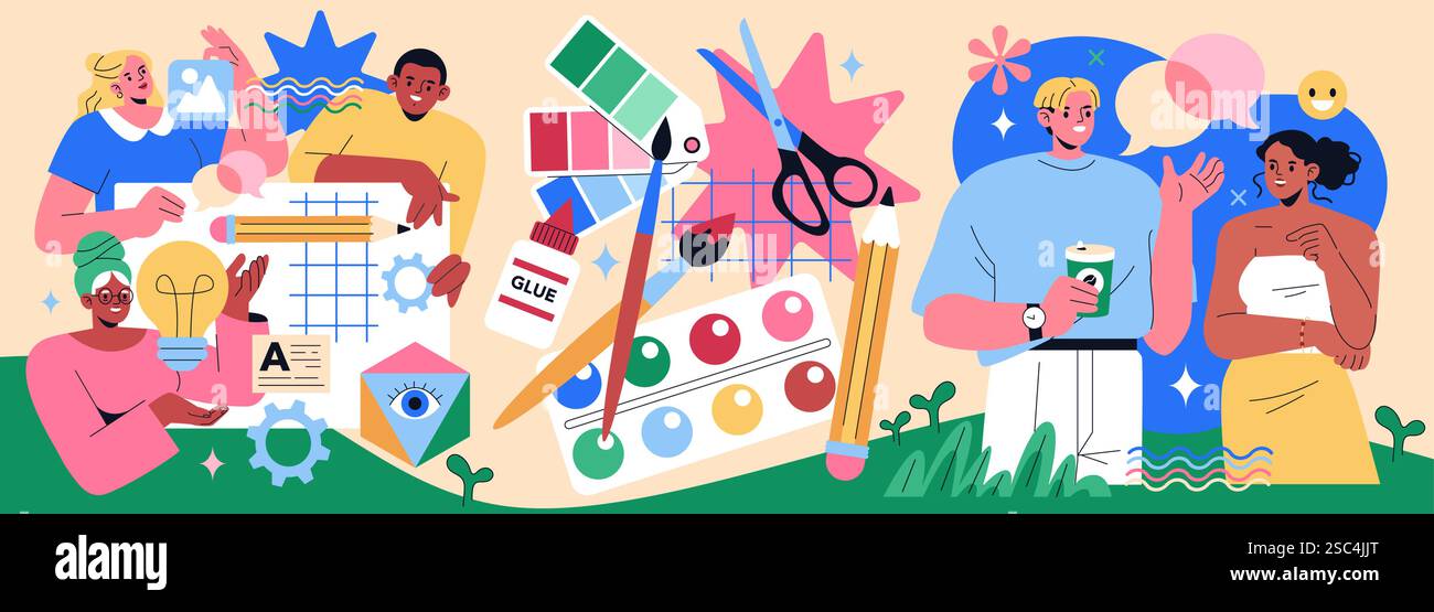 Werkstattdarstellung. Ansprechende Lernerfahrungen zeigen Kreativität und Zusammenarbeit. Menschen nehmen an praktischen Aktivitäten Teil, tauschen Ideen aus und verwenden verschiedene Kunstmaterialien. Vektorabbildung. Stock Vektor