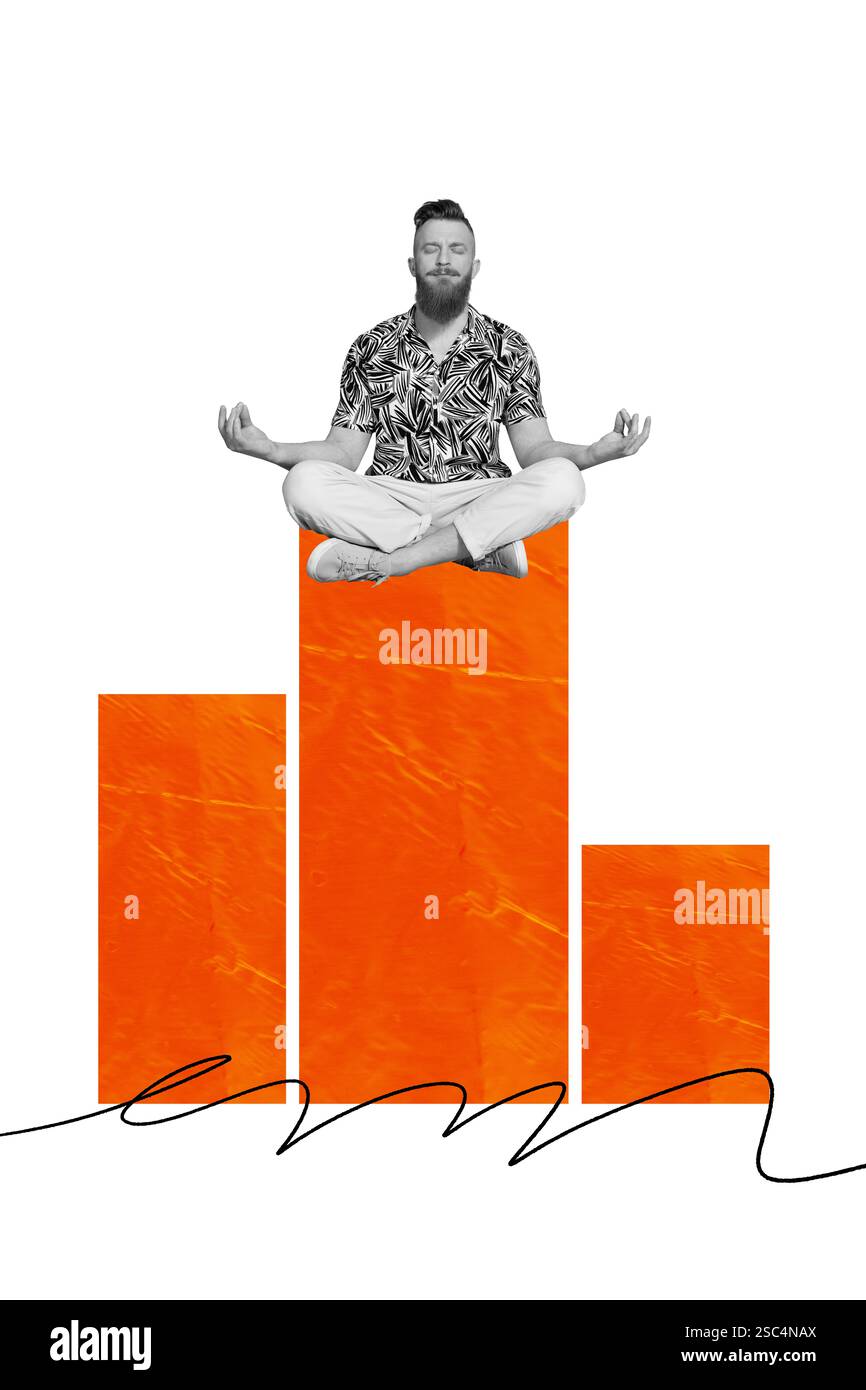 Exklusive Kunstbanner Collage von fokussierten Mann Sit Chart Statistiken Entwicklung Yoga Meditation Konzentration Asana Retreat Stockfoto