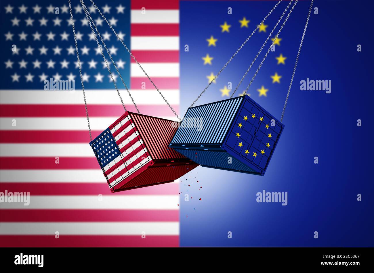 USA EU-Zollkonflikt als US-amerikanischer und europäischer Handelskrieg oder amerikanische Zölle als zwei gegensätzliche Frachtcontainer als internationaler Wirtschaftsstreit Stockfoto