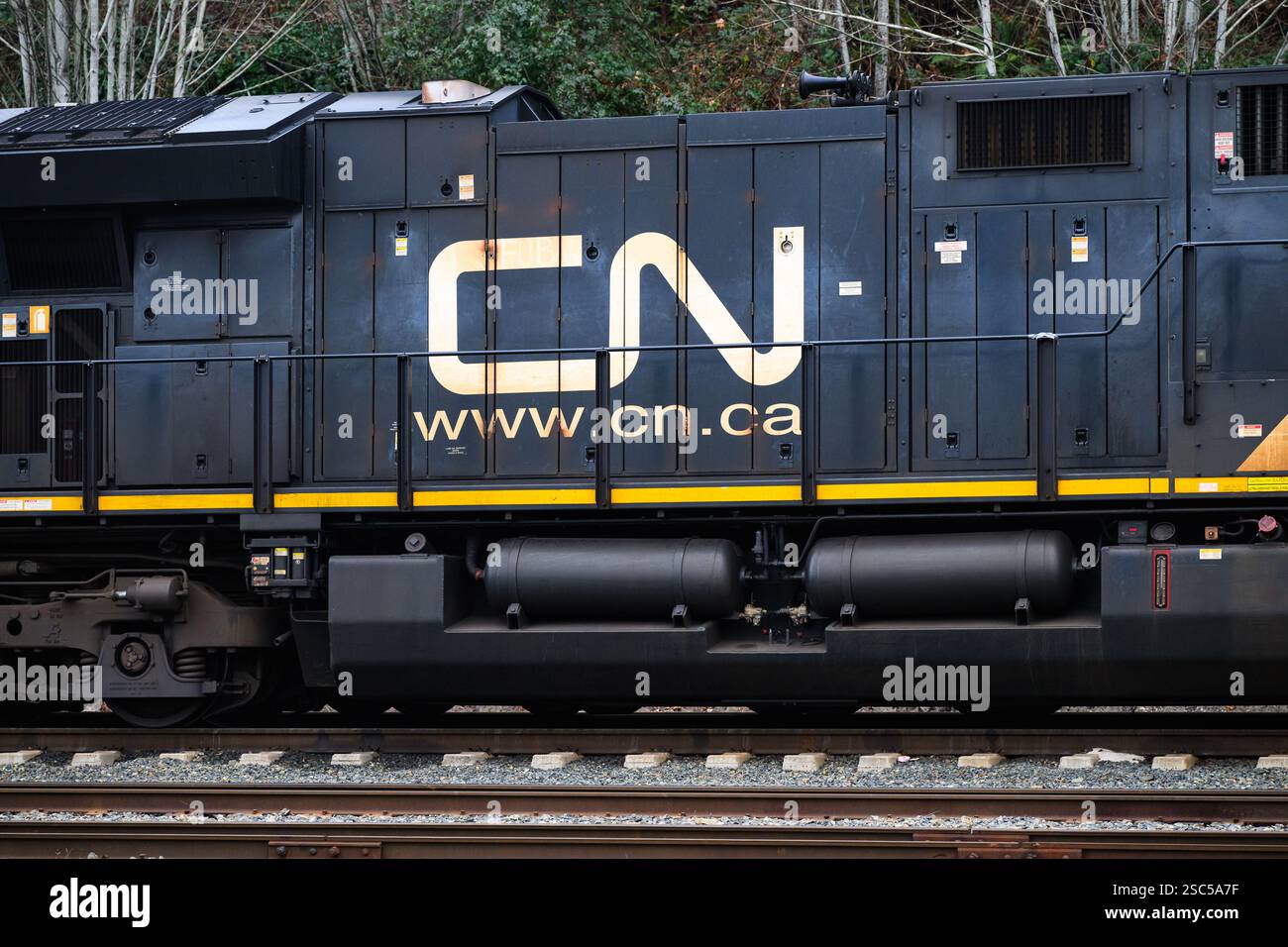 Everett, WA, USA – 15. Januar 2025; kanadische Nationallokomotive mit CN-Logo und Firmenwebsite Stockfoto