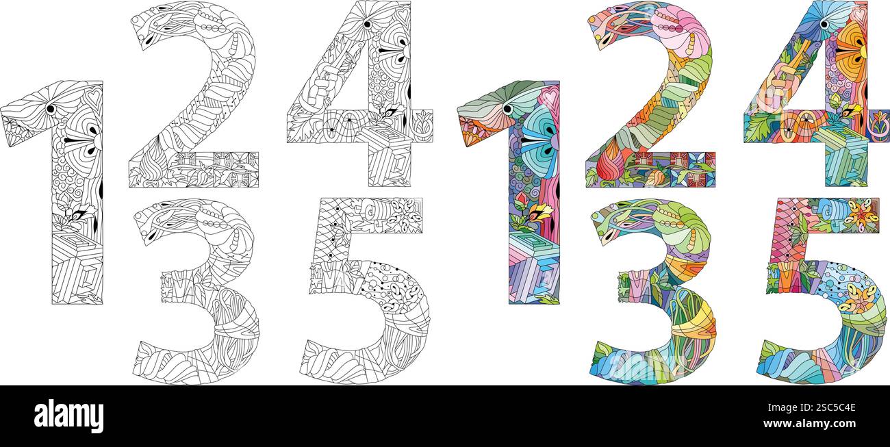 Satz von Zahlen 1, 2, 3, 4, 5 zum Färben. Zentangle. Dekorative Vektorobjekte. Farbe und Kontur festgelegt Stock Vektor