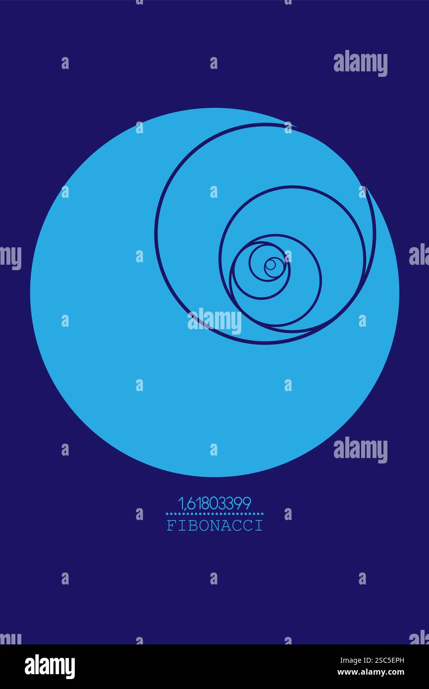 Fibonacci Sequenzkreis. Goldenes Verhältnis. Geometrische Formen spiralförmig. Hellblaue Kreise in goldener Proportion, minimalistisches flaches Design. Vektorlogo Stock Vektor