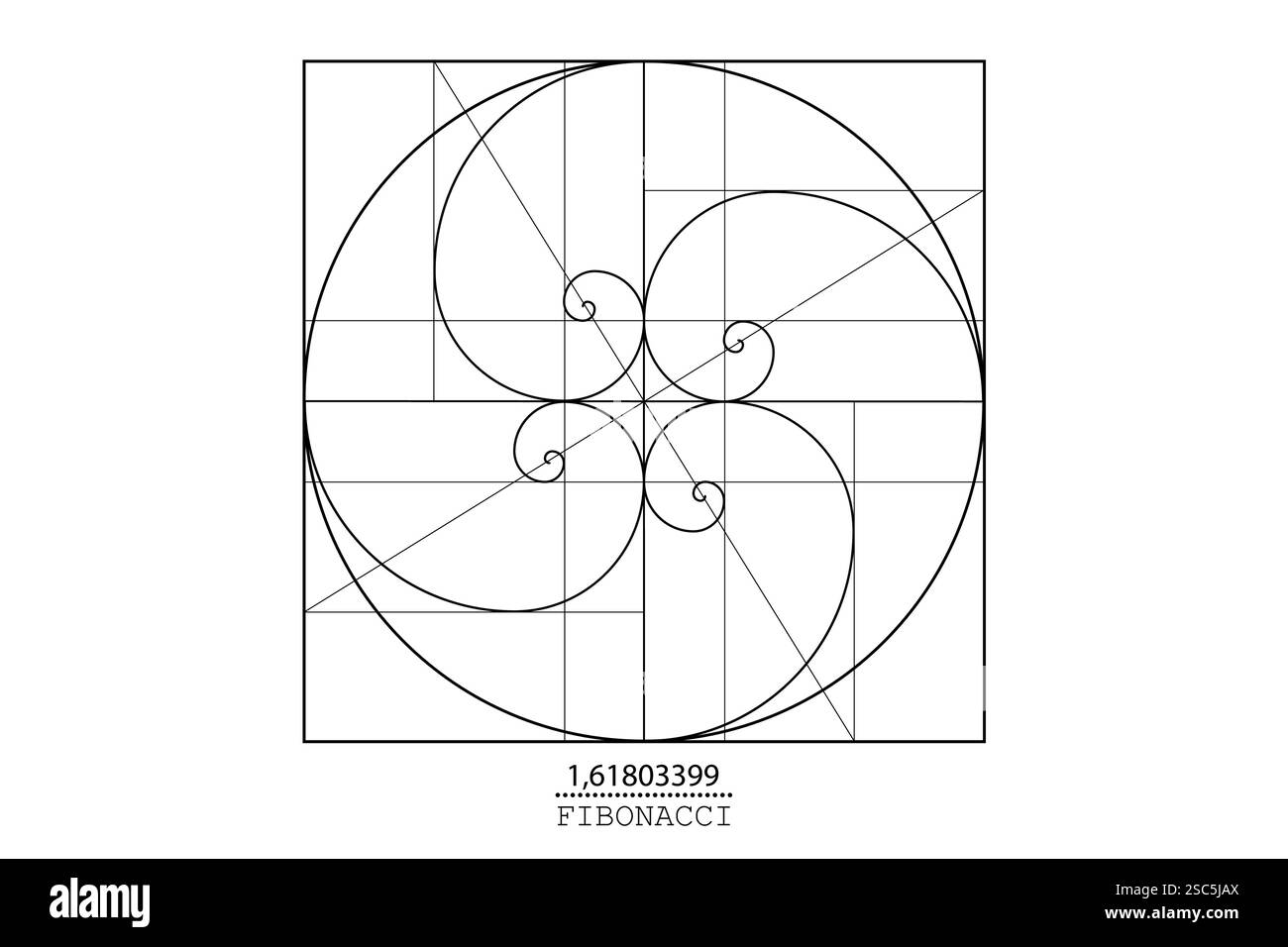 Fibonacci-Sequenzspiralen. Goldenes Verhältnis. Geometrische Formen spiralförmig im goldenen Proportionalstil, minimalistisches Line Art Design. Kreisförmiges Vektorlogo-Symbol isoliert Stock Vektor