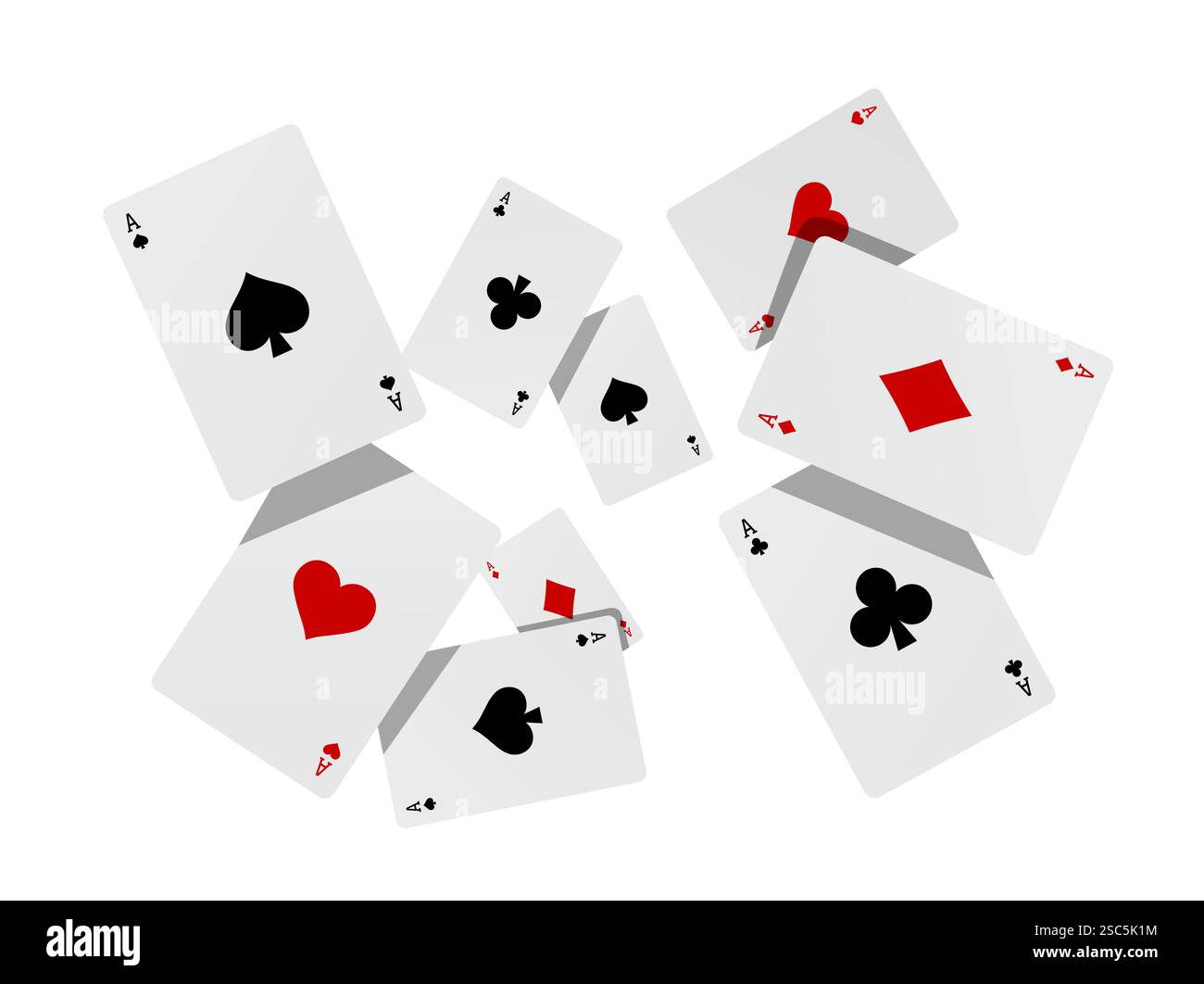 Fliegende Spielkarten für Poker und Glücksspiel, drei Asse isoliert auf weißem, abschneidendem Pfad Stock Vektor