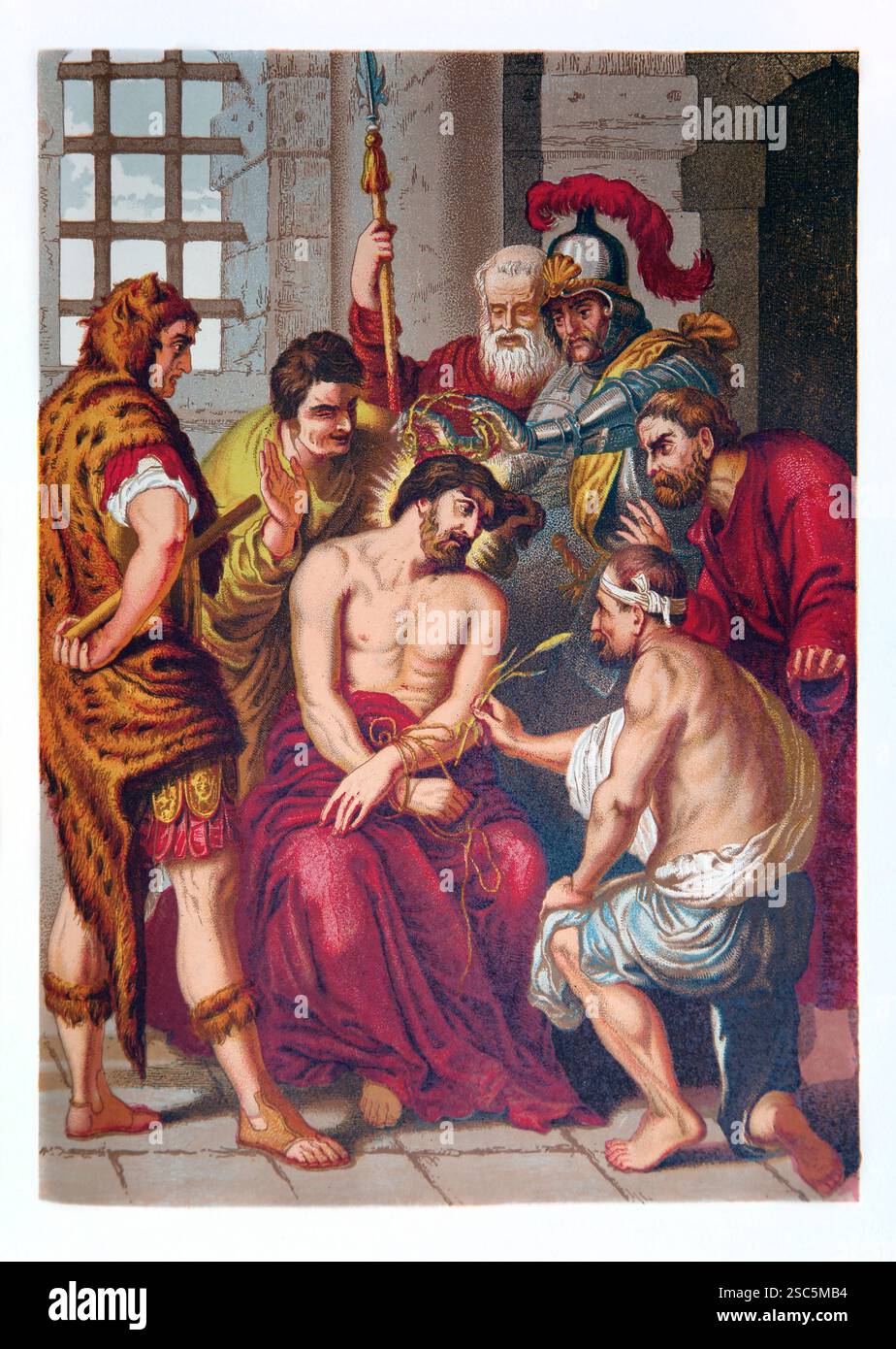 Illustration der römischen Soldaten, die die Dornenkrone auf dem Kopf Jesu Christi platzieren und ihn verspotten (Evangelium) im antiken 19. Jahrhundert die nationale Illustration Stockfoto