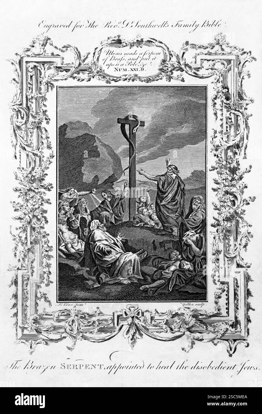 Kupferstich der dreisten Schlange, die zur Heilung der ungehorsamen Juden eingesetzt wurde - Moses hielt die Schlange, damit die Israeliten, die sie sahen, geschützt waren Stockfoto