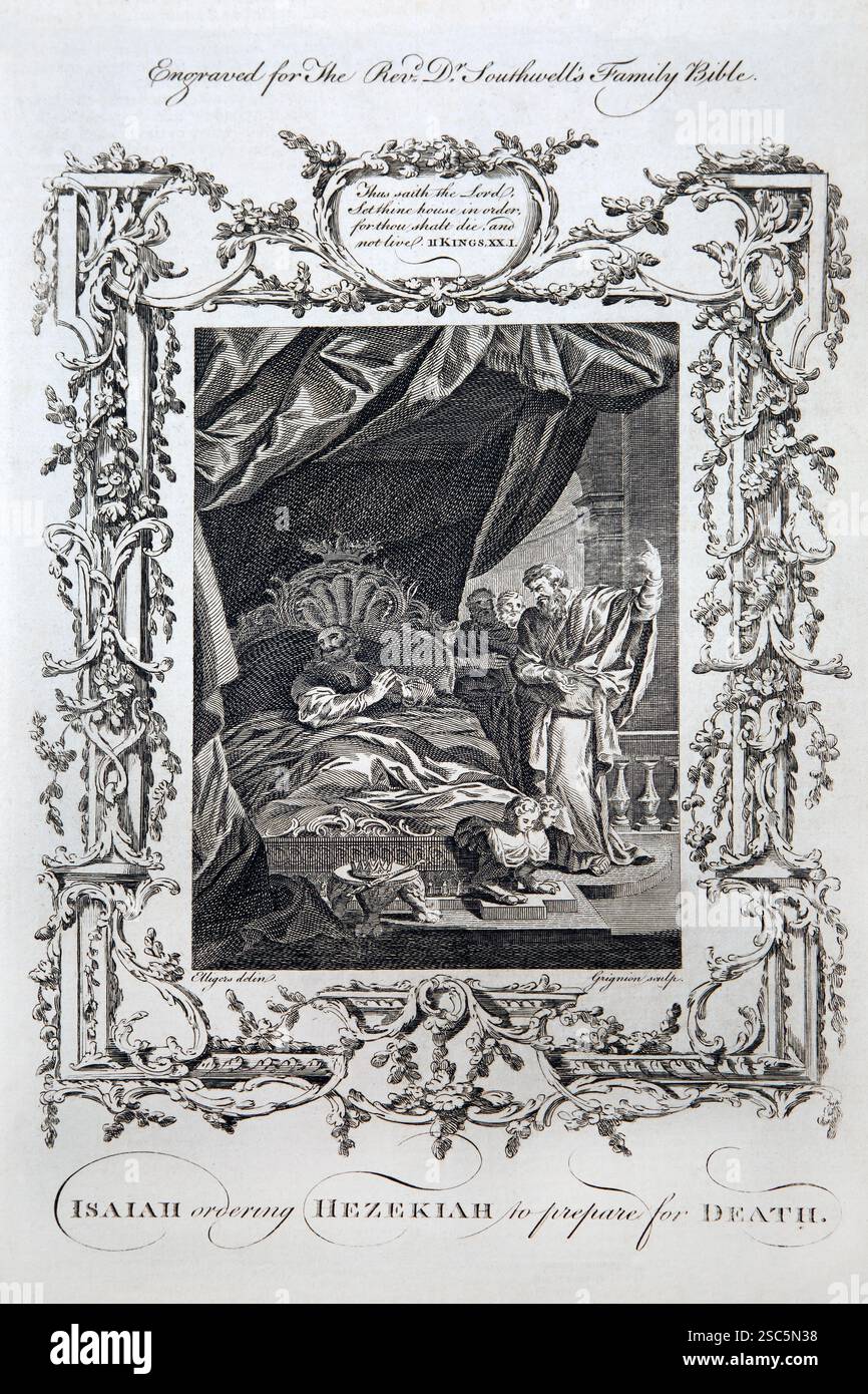 Kupferstich von Jesaja, die Hiskiah zur Vorbereitung auf den Tod (Könige) aus dem Antike 1780 die Familienbibel von Reverend Dr Southwell (The Univer) Stockfoto