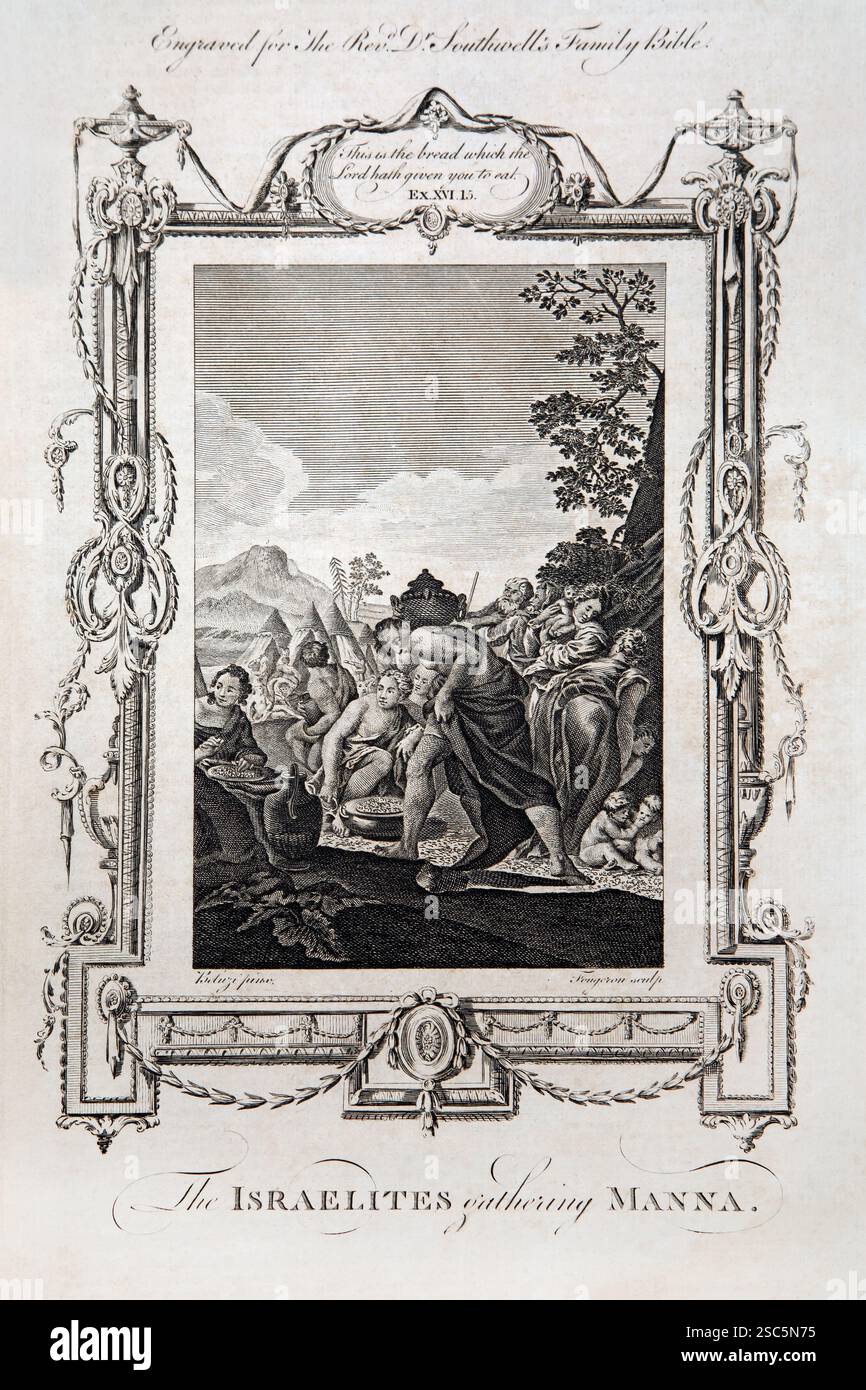 Kupferplatten-Gravur der Israeliten, die Manna sammelten, als die Israeliten Hunger in der Wildnis hatten, sandte Gott Tau auf den Boden und als das de de Stockfoto