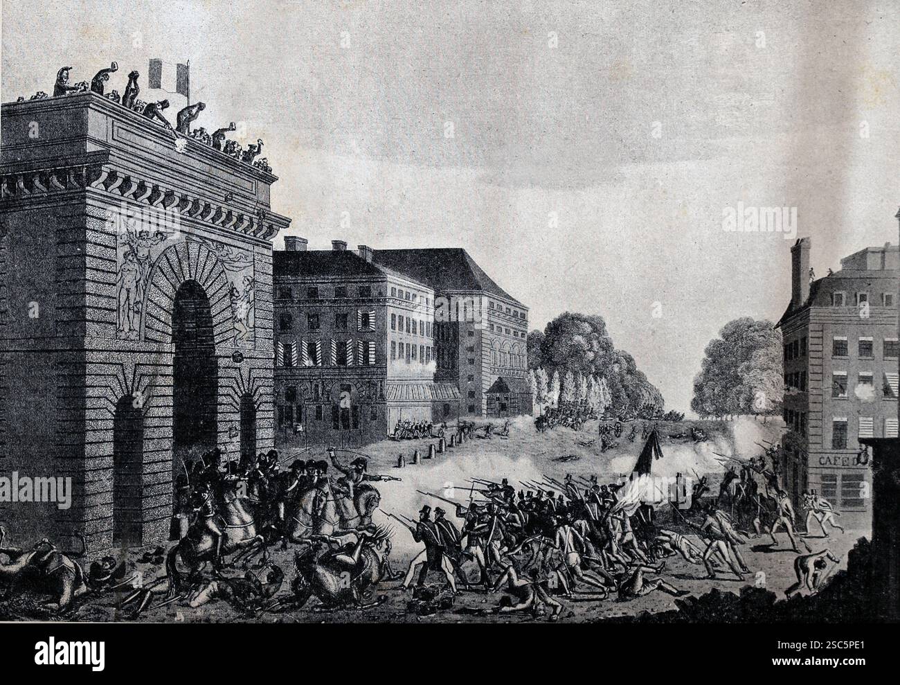 Frankreich. Paris. 1830 Revolution. 28 Juillet. Konfrontation en Saint-Martín Gate. Gravur der Ära. 19. Jahrhundert. Stockfoto