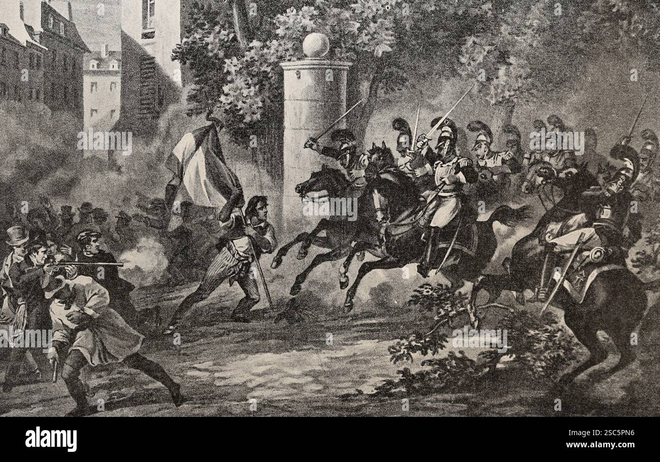 Frankreich. Paris. 1830 Revolution. Heldenhafte Aktion eines Arbeiters vor den Soldaten. Lithograf von Martinet. Stockfoto