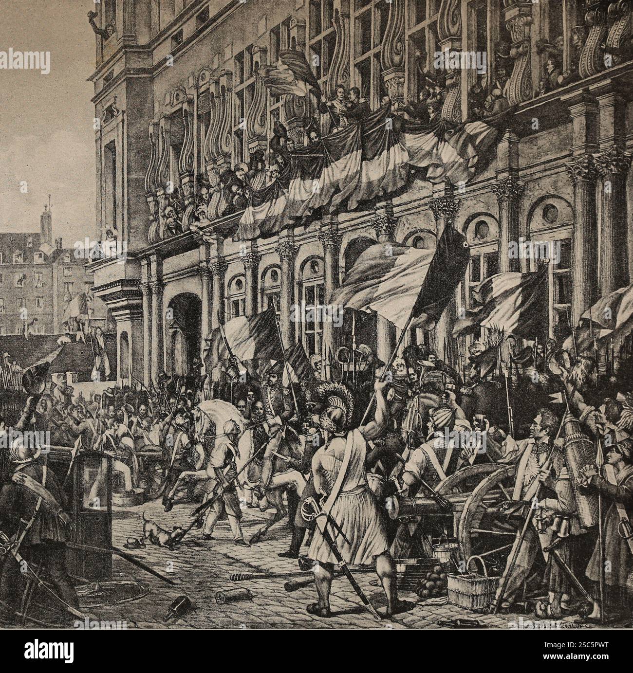 Frankreich. Paris. 1830 Revolution. Juli 31. Der Herzog von Orleans wird den Menschen von La Fayette auf dem Balkon des Rathauses präsentiert. Gravur. Stockfoto
