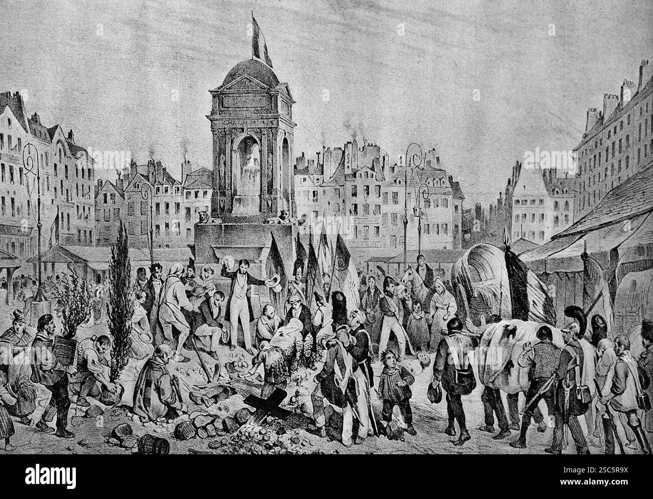 Begräbnis der Helden vom Juli 1830 in den Brunnen der Unschuldigen. Stockfoto