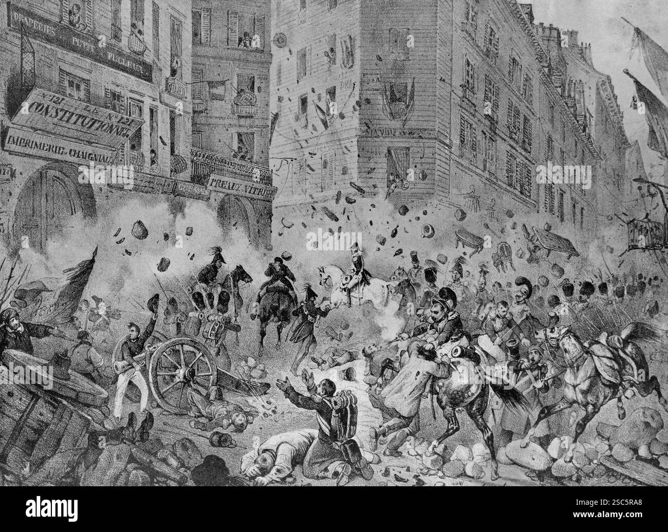 Juli. Flug des Herzogs von Ragusa zur Rue Montmartre in der Nähe der Rue Joquelet. Lithographie von Victor Adam Stockfoto