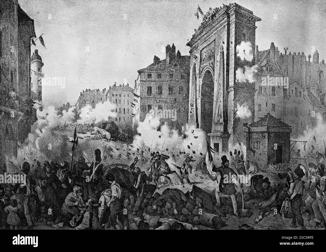 Frankreich. Paris. 1830 Revolution. 28 Juillet. Konfrontation en Saint-Denis Gate. Gravur der Ära. 19. Jahrhundert. Stockfoto