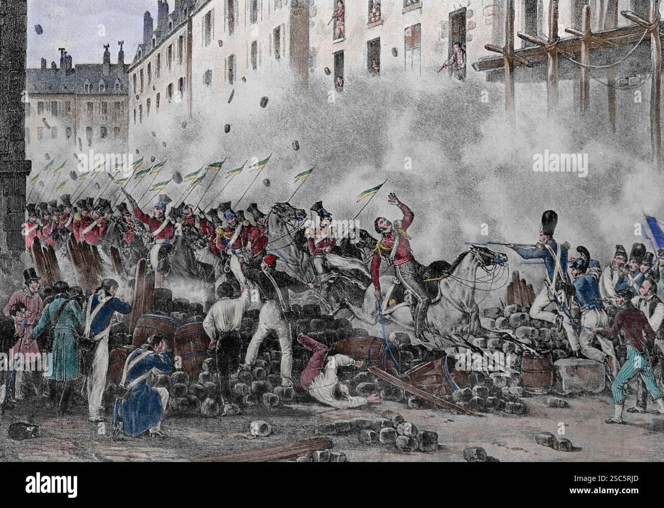 Frankreich. Paris. 1830 Revolution. Angriff und Verteidigung einer Barrikade. Lithographie, 19. Jh., von Swebach. Stockfoto