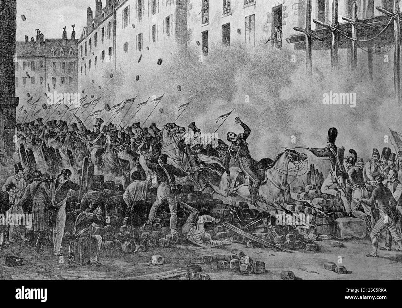 Frankreich. Paris. 1830 Revolution. Angriff und Verteidigung einer Barrikade. Lithographie, 19. Jh., von Swebach. Stockfoto