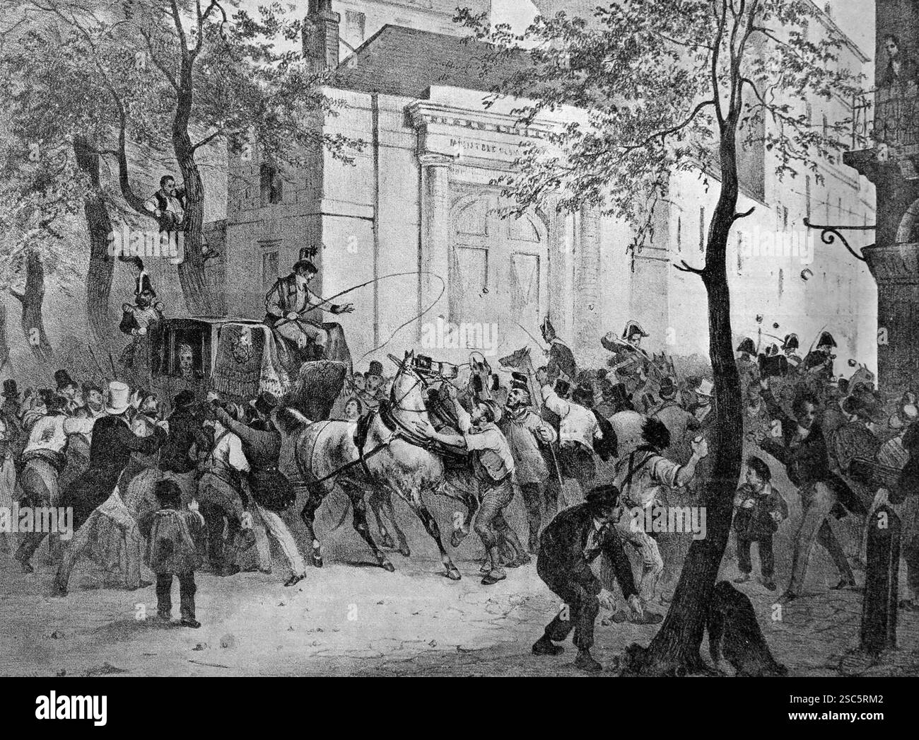 Frankreich. Paris. 1830 Revolution. Juli. Leute vor dem Außenministerium. Gravur. Stockfoto