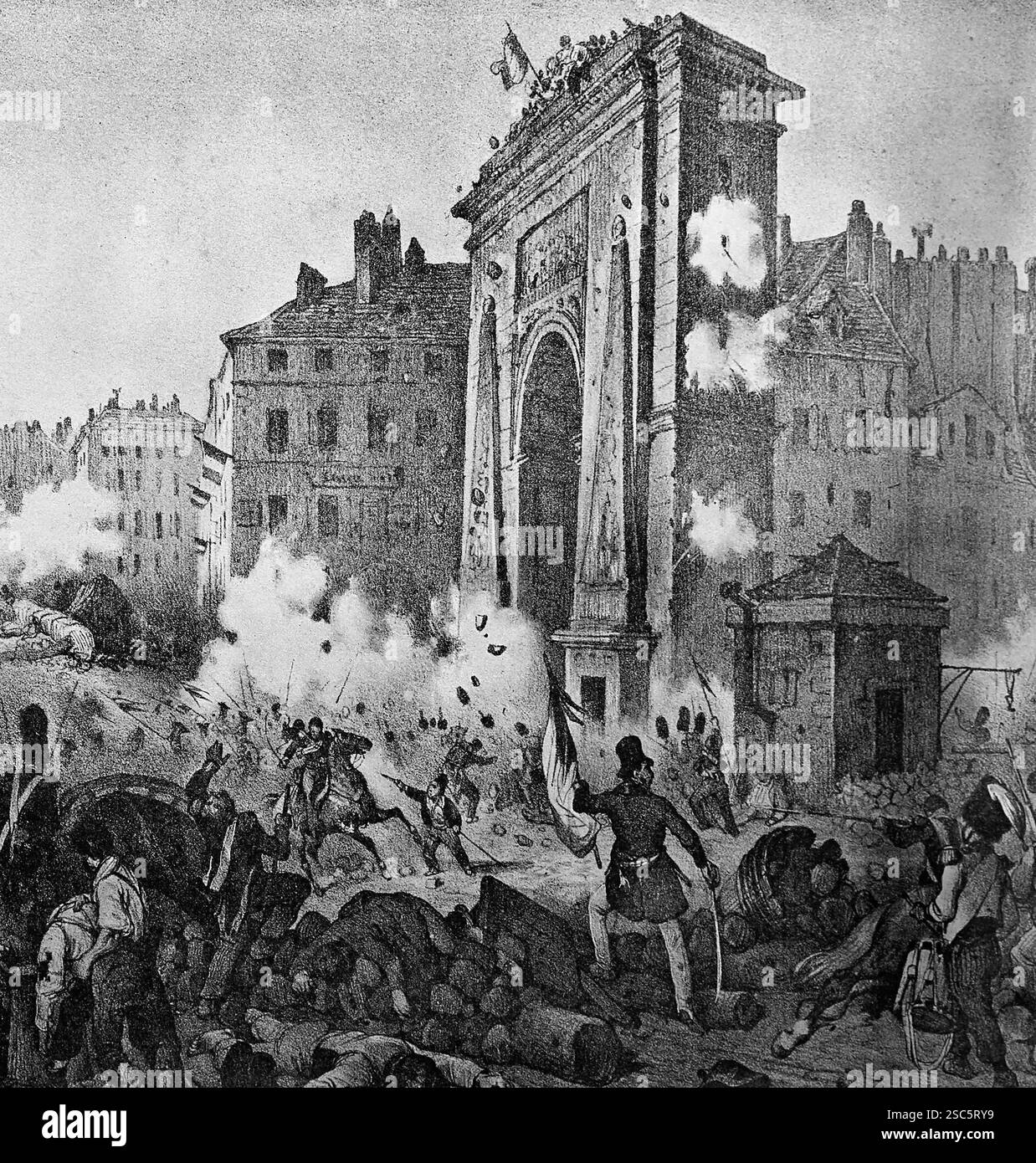 Frankreich. Paris. 1830 Revolution. 28 Juillet. Konfrontation en Saint-Denis Gate. Gravur der Ära. 19. Jahrhundert. Stockfoto