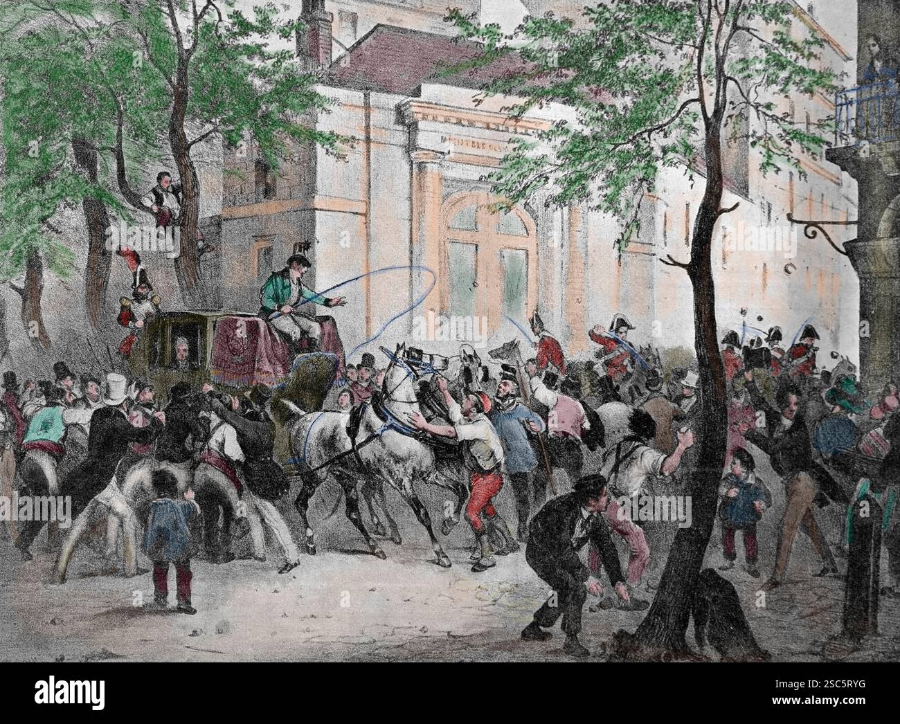Frankreich. Paris. 1830 Revolution. Juli. Leute vor dem Außenministerium. Gravur. Stockfoto
