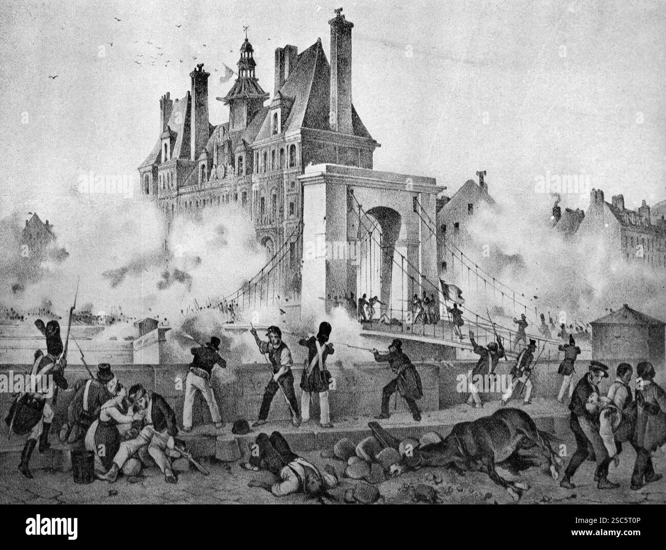 Angriff und Eroberung des l'Hotel de Ville auf der Pont d'Arcole. Juli 1830. Paris. Frances. 1830 Umdrehung. Gravur, 1897. Stockfoto