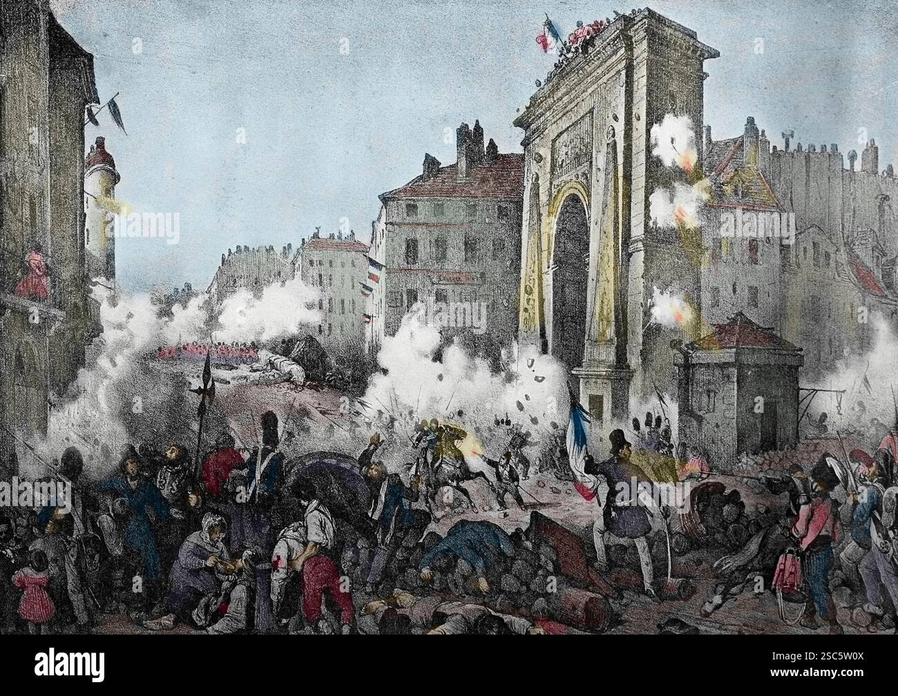 Frankreich. Paris. 1830 Revolution. 28 Juillet. Konfrontation en Saint-Denis Gate. Gravur der Ära. 19. Jahrhundert. Stockfoto