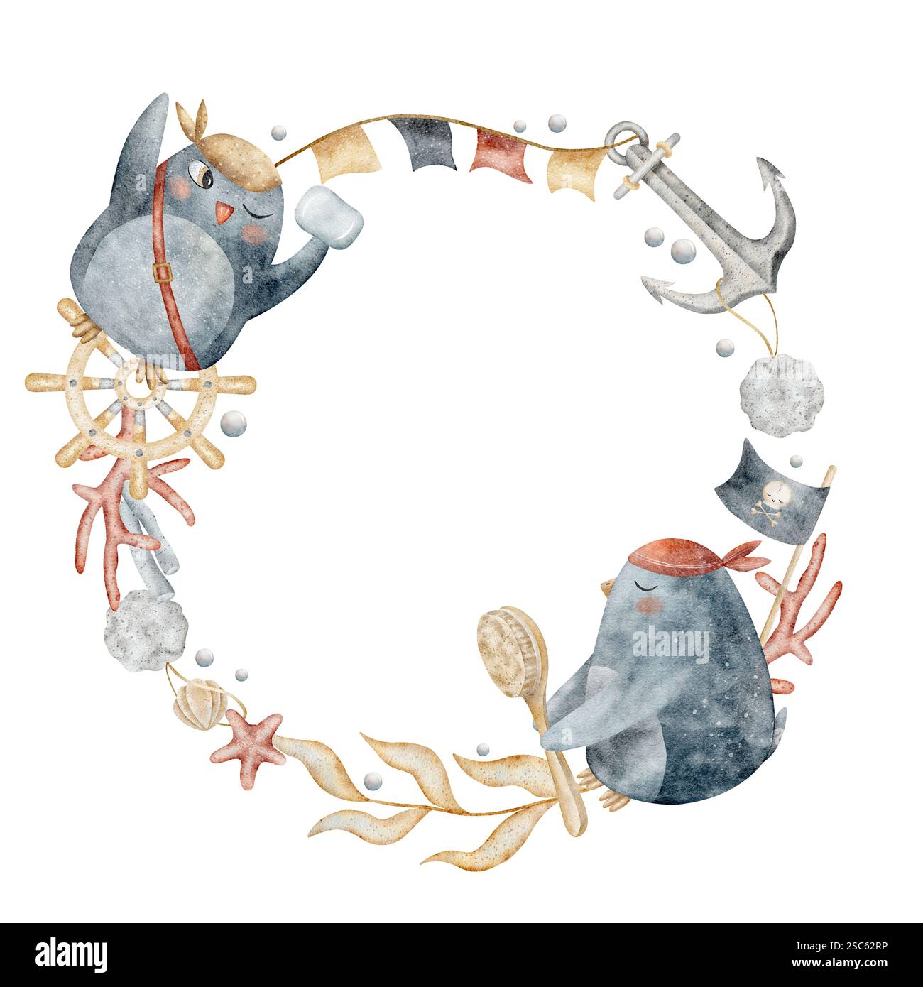 Aquarellkranz Piraten Pinguine, Pinsel, Seife, Muscheln, Algen, Korallen, Anker. Handgezeichnete Illustration für Vorlage, Dekoration von Kindern Stockfoto