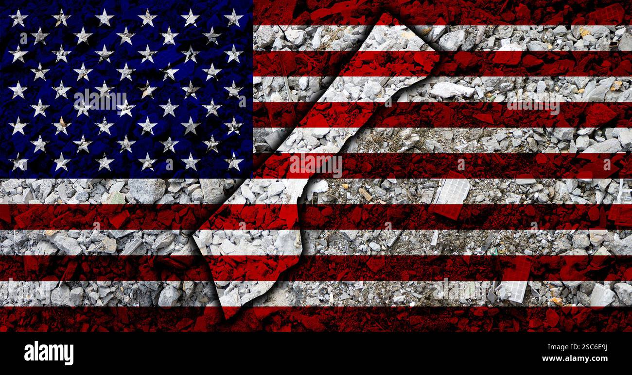 US-Flagge und Karte des Gazastreifens mit Trümmern und Trümmern aus abgerissenen Gebäuden als Hintergrund Stockfoto