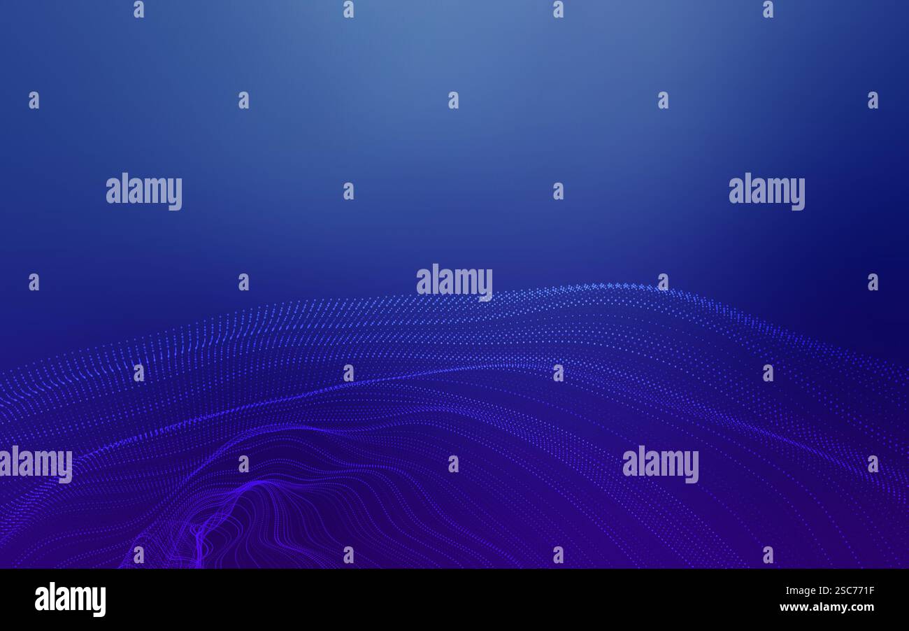 3D-Rendering einer abstrakten Welle, die durch verbindende Punkte gebildet wird und ein dynamisches fließendes Muster vor einem blau-violetten Hintergrund erzeugt Stockfoto