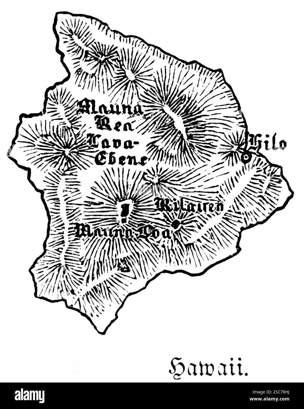 Topographische Karte der Insel Hawaii im Pazifik, Hawaiian Islands, USA, Reise, historische Abbildung 1888 Stockfoto