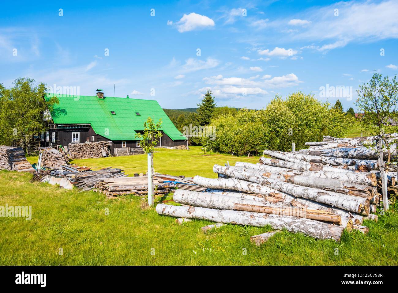Holzscheite und traditionelles Berghaus im Dorf Jizerka am sonnigen Frühlingstag im Isergebirge, Tschechische Republik Stockfoto