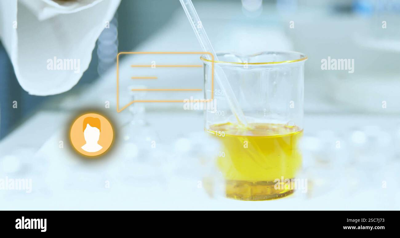 Pipettieren der Flüssigkeit in den Becher, Bild der wissenschaftlichen Forschung über Laborhintergrund Stockfoto