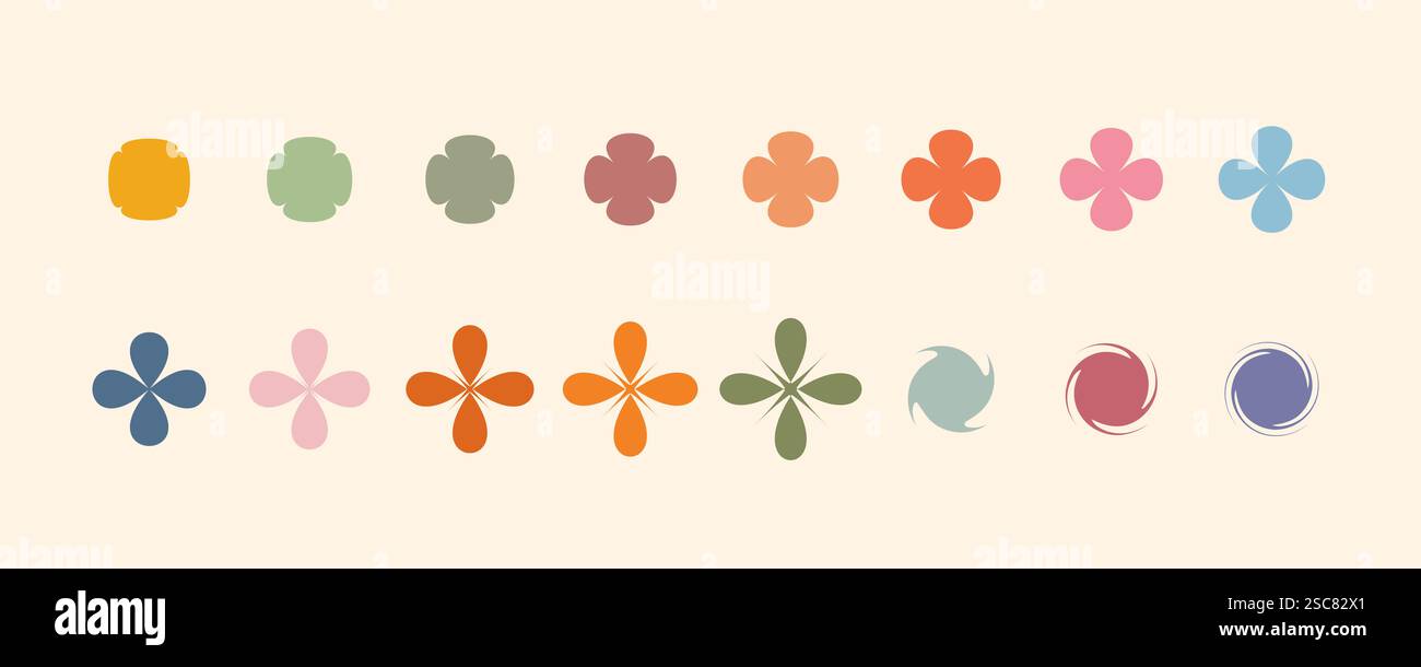 Minimalistisches geometrisches Set, abstrakte bauhausformen, groovige Farben. Einfache Blume Form, grundlegende Form, trendige moderne grafische Element Vektor Set Stock Vektor