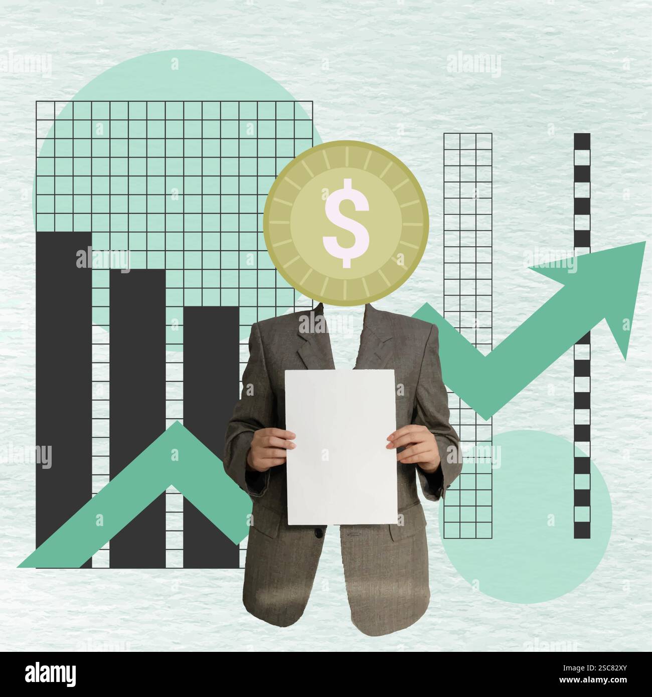 Geschäftsfigur mit einem Münzkopf, der ein leeres Blatt vor Finanzgraphen und Wachstumskarten hält, Vektorillustration Stock Vektor