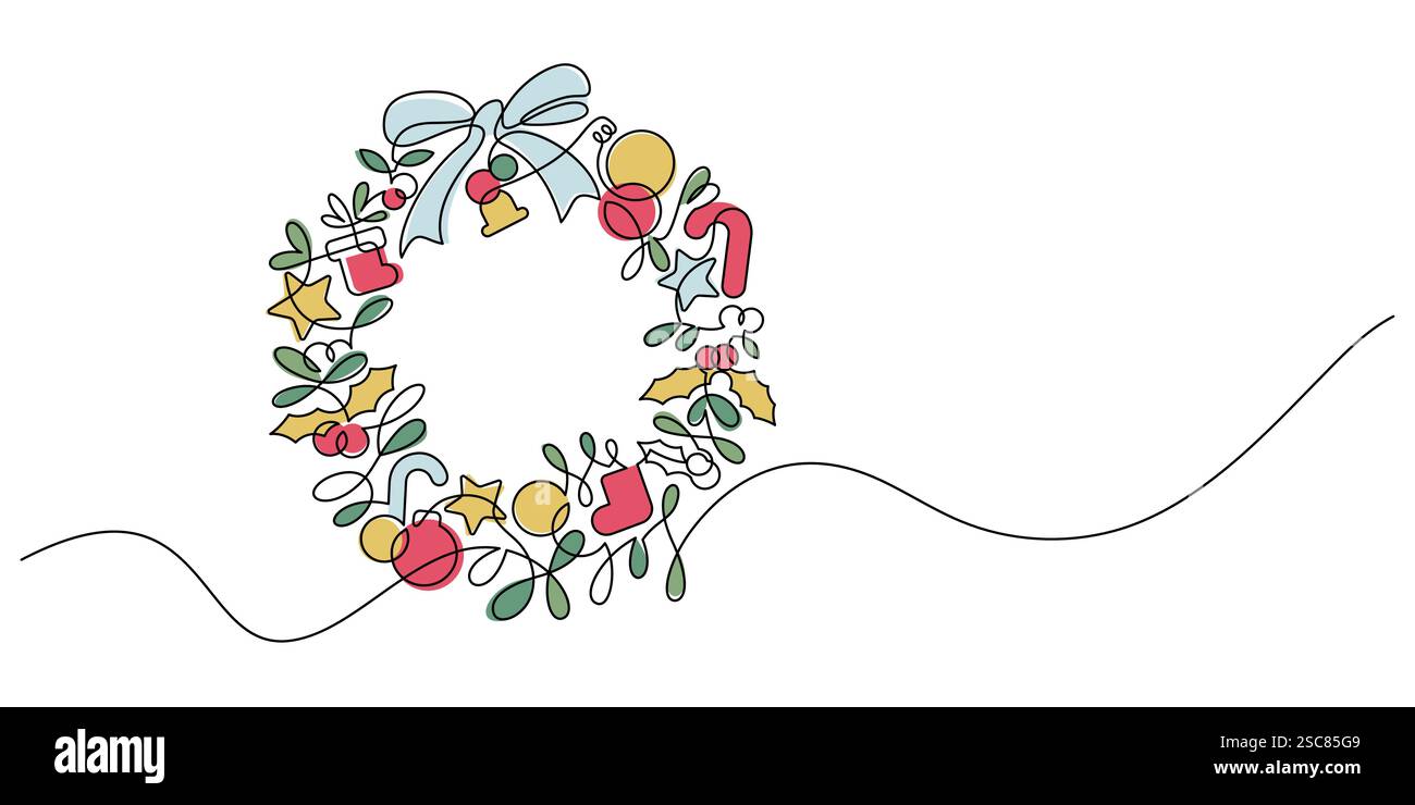 weihnachtskranz Dekorationshalter eine Linie fortlaufende Zeichnung handgezeichnet Minimalismus. Weihnachtstannengirlande Gruß Festsaison dünne Linie illus Stock Vektor