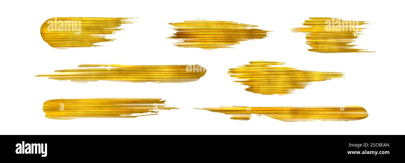 Pinselstriche aus Goldfolie mit metallisch schimmernder Textur. Lackierte, raue horizontale Linien für luxuriöse dekorative Designelemente. Abstraktes, leuchtend strukturiertes Gelb auf weißem Hintergrund. Stock Vektor