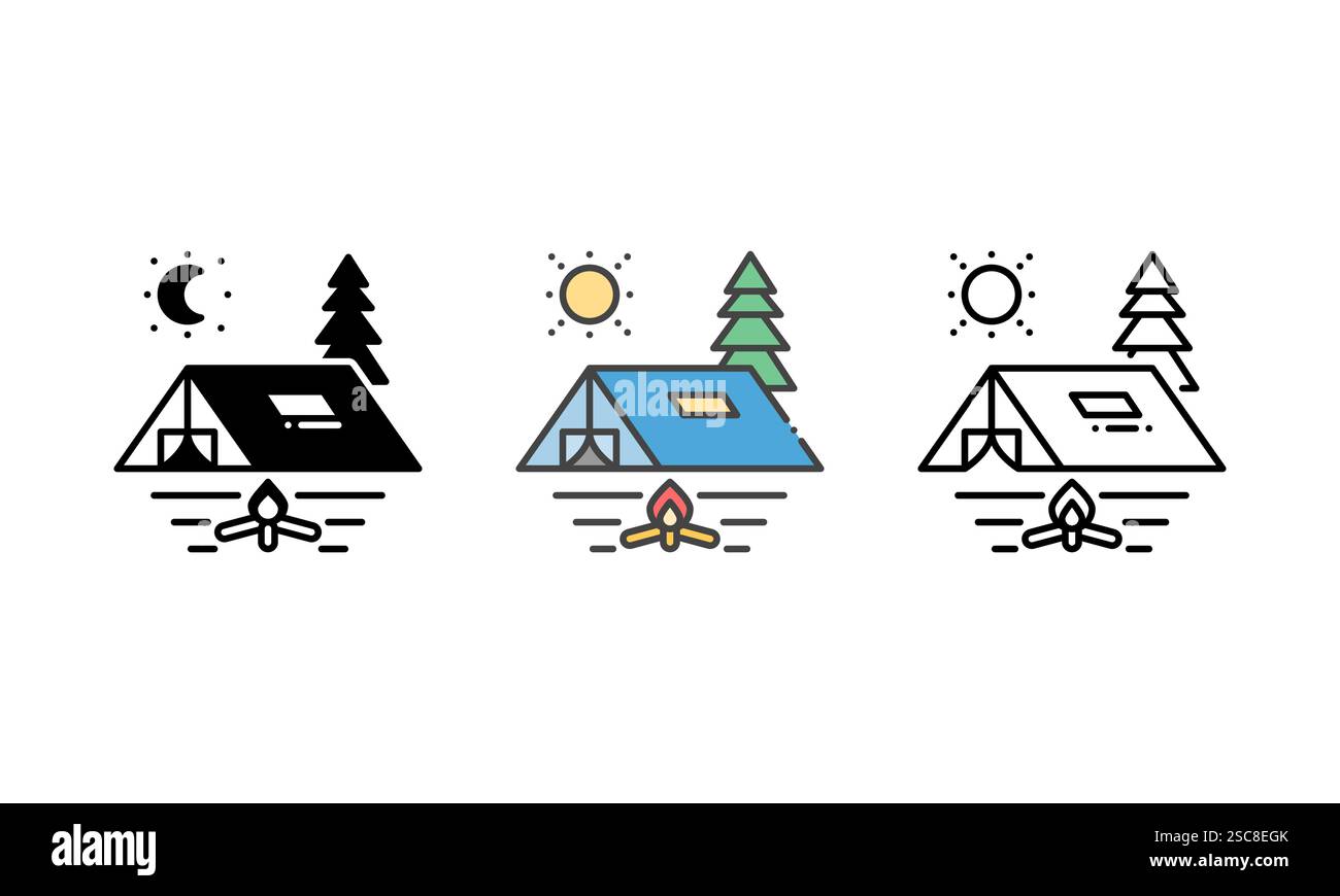 Vektorsymbol einer Campingszene mit einem Zelt, Bäumen, einer Sonne und einem Lagerfeuer, symbolisiert Outdoor-Abenteuer und das Hobby des Camping. Stock Vektor