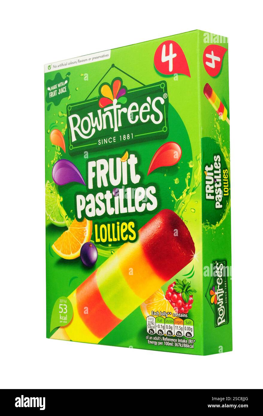 Rowntrees Fruchtpastillen Lollies in einer Packung mit 4 65 ml Fruchtlollies mit 5 Fruchtgeschmack-Segmenten Stockfoto