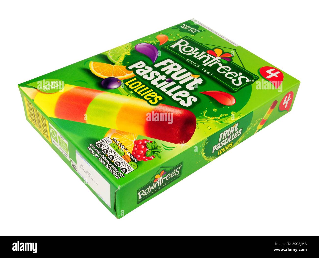 Rowntrees Fruchtpastillen Lollies in einer Packung mit 4 65 ml Fruchtlollies mit 5 Fruchtgeschmack-Segmenten Stockfoto