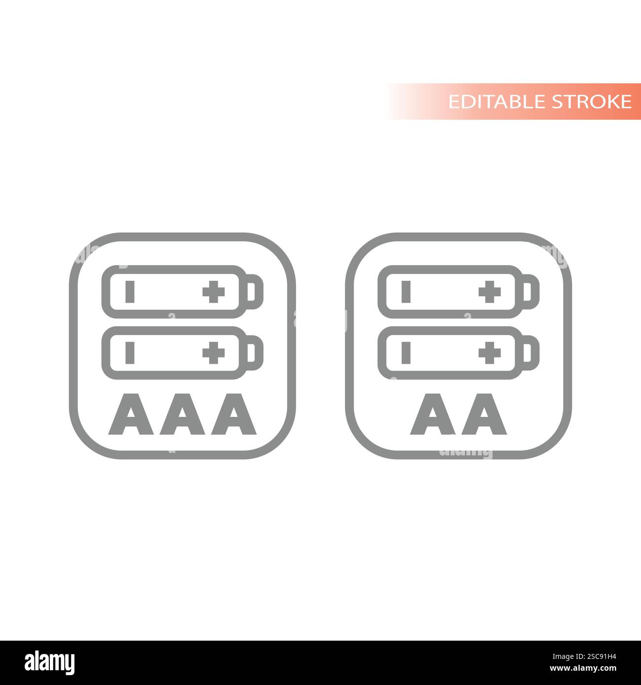 Etikett für zwei aa- und aaa-Batterien. Umreißen der Symbolgruppe des Batterievektors. Stock Vektor