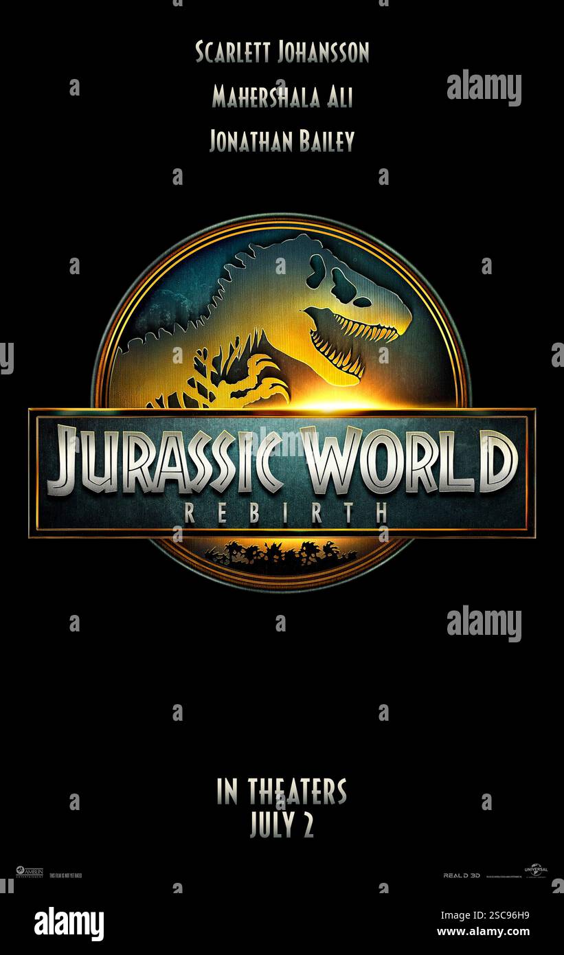 Jurassic World Rebirth (2025) unter der Regie von Gareth Edwards mit Scarlett Johansson, Mahershala Ali und Jonathan Bailey. Ein verdecktes Team begibt sich in gefährliches Gebiet, um DNA aus riesigen Dinosauriern für medizinische Forschung zu extrahieren. US-Teaser-Poster NUR FÜR REDAKTIONELLE ZWECKE. Quelle: BFA / Universal Pictures Stockfoto