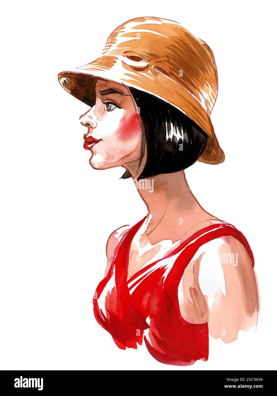 Schöne Frau in rotem Kleid und Hut. Handgezeichnete Aquarellillustration Stockfoto