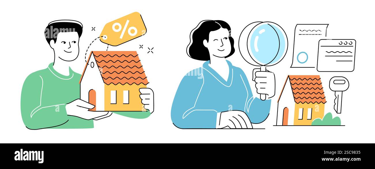 Wohneigentum, rechtliche Überprüfung von Dokumenten beim Immobilienkauf. Haus zum Verkauf Konzept Stock Vektor