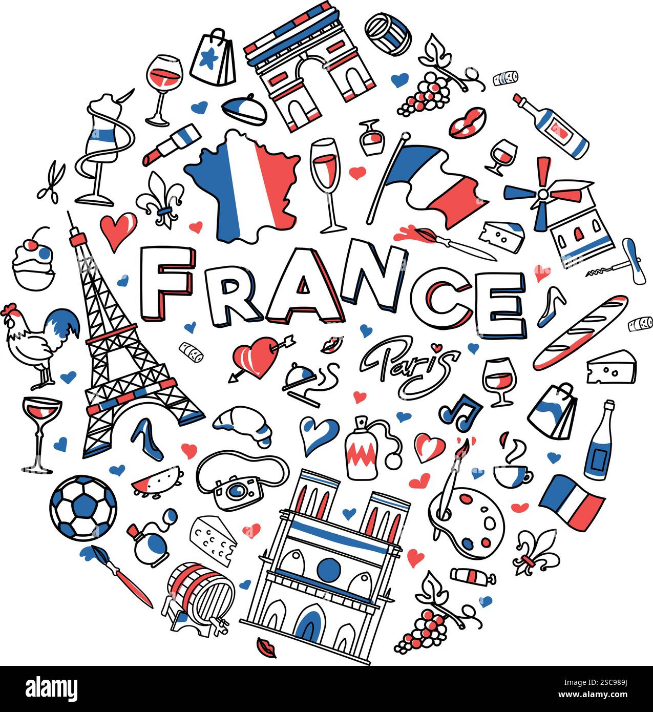 Runde Frankreich Doodles, Clip Art, Zeichentrick dekorative Elemente Set Ikone. Vektorabbildung Stock Vektor