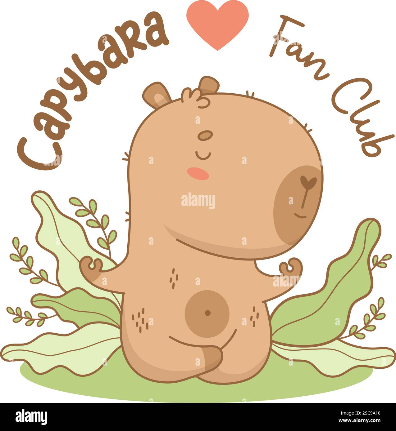 Die süße Capybara meditiert in der Natur. Lustiger ruhiger Athlet Cartoon Kawaii Tier Yogi. Maskottchenemblem Fan Club Capibara. Vektorabbildung. Kinder-Sammlung Stock Vektor