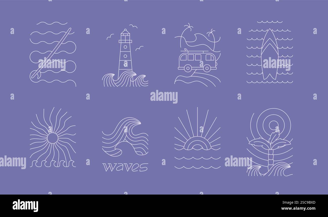 Linie abstrakte Ozean, Meer, Wellen Abzeichen. Abstrakte einfache Vektorsurfen, Sonnenaufgang, Leuchtturmsymbole für T-Shirt, Textil, Merch, Logo-Vorlage. Stock Vektor